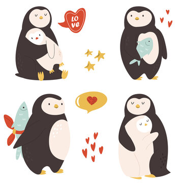 Collection of cute penguins. Vector character design