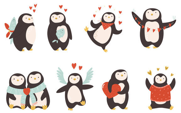 Set of cute penguins for St Valentines Day.
