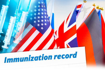 immunization record.  Introduction of vaccinated passport from coronavirus. Airplane against the background of documents on vaccination against coronavirus.