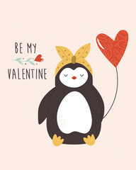 Valentines greeting card with lovely penguin. Funny animal character design