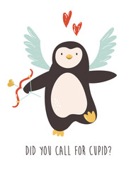 Valentines greeting card with lovely penguin. Funny animal character design