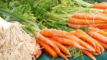 Organic vegetables on counter, fresh local produce homegrown raw veggies on marketplace stall....