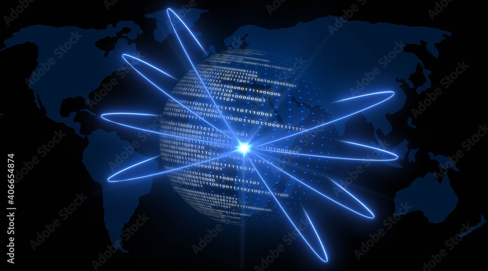 Poster abstract digital earth with binary code in blue design on world map background - global communicatio