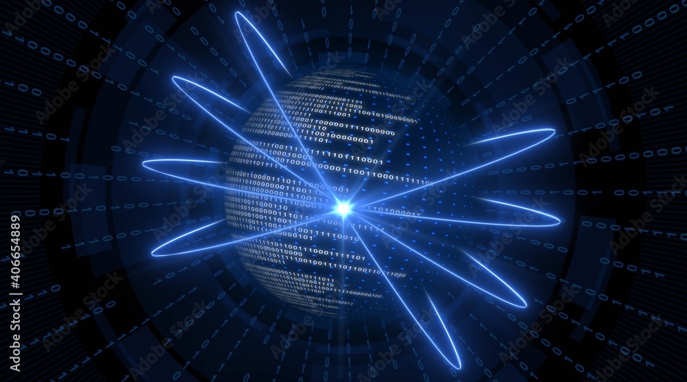 Poster abstract digital earth with binary code in blue design with binary rays and blurred hud elements on 