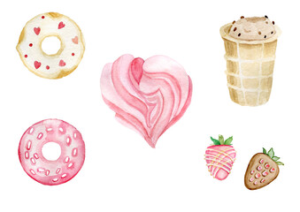 Set of isolated sweets on white background-candy,ice cream,cotton candy,chocolate,macaroon,bisquit, cookies,candy cane,lollipop,caramel.Template for confectionery,shops,banner,poster,advertise.