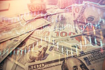 Multi exposure of forex chart drawing over us dollars bill background. Concept of financial success markets.