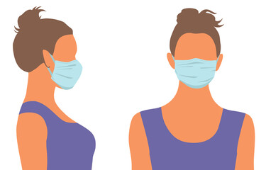 Fototapeta premium Vector illustration of a person in medicine face mask. Concept of coronavirus quarantine and protection. Silhouette of woman in medicine mask. New coronavirus (Covid-19).
