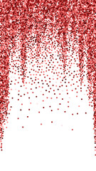 Red gold glitter luxury sparkling confetti. Scattered small gold particles on white background. Eminent festive overlay template. Shapely vector background.