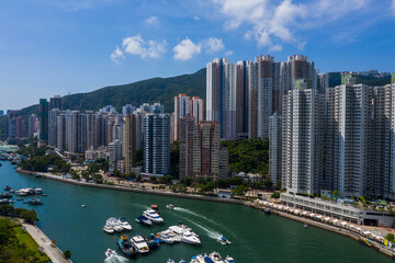 Drone fly over Hong Kong typhoon shelter in aberdeen