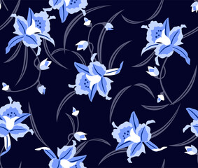 Japanese Night Orchid Blossom Vector Seamless Pattern
