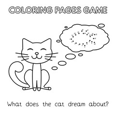 Funny cat kids learning game. Vector coloring book pages for children. Draw a cat dream. Dot to dot game