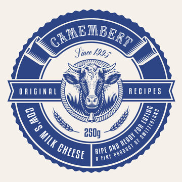 A round cheese label in vintage style, this design is editable and can be used as well as a label for a milk package or as a logo for a butcher shop
