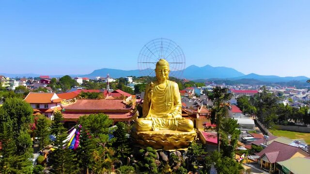 Aerial view of The Golden Buddha statue or Thien vien Van Hanh in Dalat city in Vietnam.