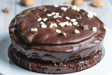 Chocolate and brownie cake with some nutshell´ s on the background