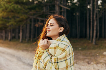 Happiness nature forest coniferous trees woman plaid tourism travel