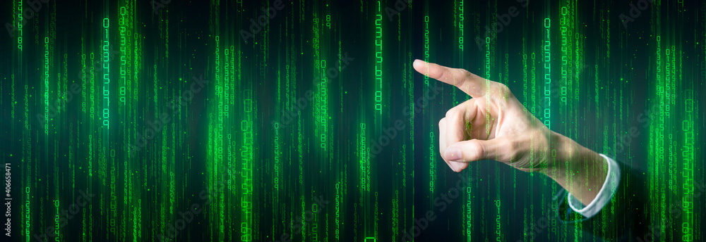 Wall mural business man investor hand pointing on futuristic graphic internet connection matrix graphic, future