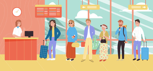 Men and women standing in queue to check in