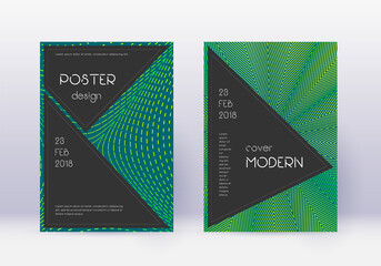 Black cover design template set. Green abstract lines on dark background. Actual cover design. Valuable catalog, poster, book template etc.