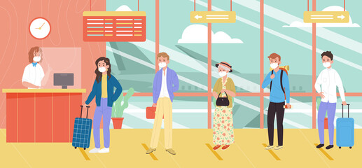People in face mask check in for travelling at the airport.