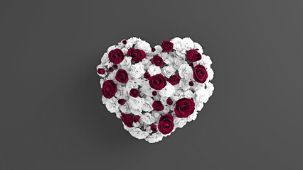 Heart shape flowers, white pink roses in a gift box for holidays and Valentines, Mothers and Women day, mostly empty space for text, unique colors, 3D render, 3D illustration, dark background, hue!