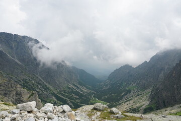 Fototapeta na wymiar Beautiful High Tatras mountains landscape in Slovakia. Mountains with clouds