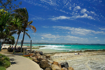 Beach with palm trees and sea. Coolangatta, Queensland, Australia.