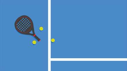 Illustration with overhead view of racket and paddle balls on blue ground court, with copy space.
