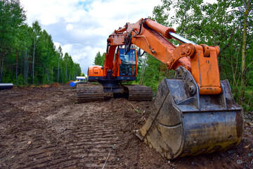 Fototapeta na wymiar Excavator clearing forest for new development. Orange Backhoe modified for forestry work. Tracked heavy power machinery for forest and peat industry. Logging, road construction in forests