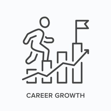 Career growth flat line icon. Vector outline illustration of man climbing potential ladder. Black thin linear pictogram for corporate career
