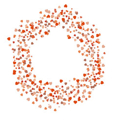 Round frame with festive light and dark orange hearts on white background. Vector image.