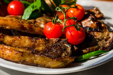 Fresh, homemade grilled beef skewers with vegetables and spices, with barbecue sauce and ketchup, on a white plate close-up