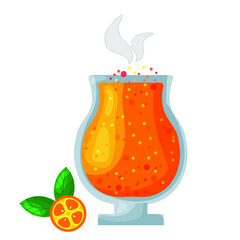 Fresh juices or coctails in flat style. Drink with ice slices and lemon. Design elements for cafe and restaurant menu. Healthy eating concept