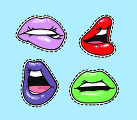 Set of Stickers with Sexy Female Lips with Gloss Colorful Lipstick. Pop Art Style Vector Fashion Illustration Woman Mouth. Gestures Collection Expressing Different Emotions