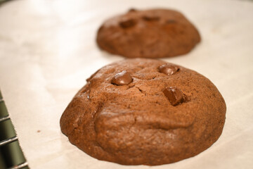 brownie double chocolate soft bake cookie on white wax sheet