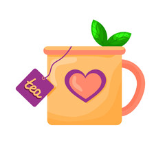 Flat Icon Cup of tea with Mint leaves and tea bag