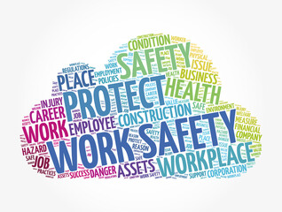Obraz premium Work Safety word cloud collage with terms such as employee, company, business concept background
