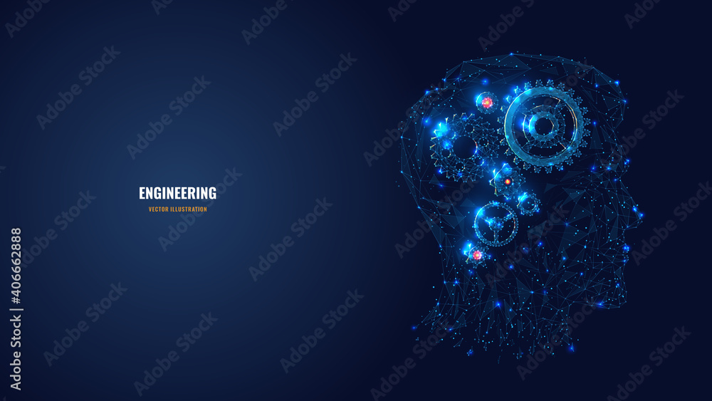 Poster 3d gears in head digital low poly wireframe. engineering, mechanical technology or symbol of thinkin