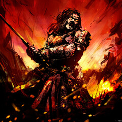 An enraged warrior yells furiously in the heat of battle and rushes into battle with his sword at the ready, in the midst of the chaos of the battle. 2d illustration.