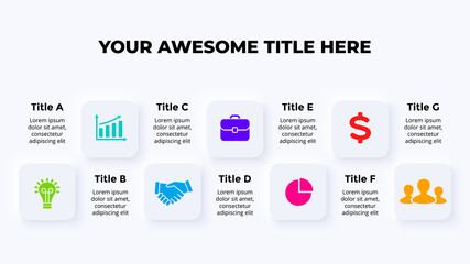 Neumorphic Vector Infographic. Presentation slide template. Squares with icons. 7 processes. Neumorphism ui design. Clean minimal flat style. 