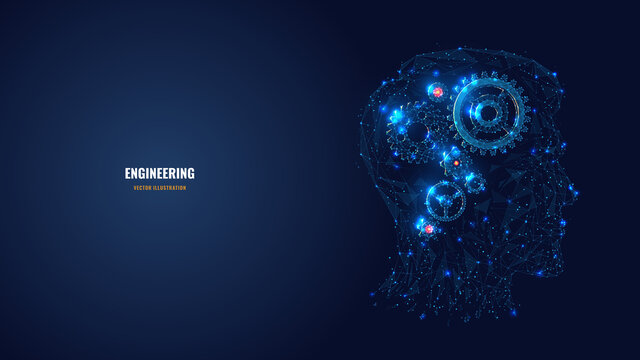 3d gears in head digital low poly wireframe. Engineering, mechanical technology or symbol of thinking, idea concept in dark blue. Abstract mesh illustration with lines and dots looks like starry sky