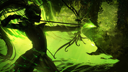 The black silhouette of a young elf hunter in a green forest, she stands in a fighting position with a stretched magic arrow, ready to hit her target, on her side the spirit cat raring to fight. 2d  © warmtail