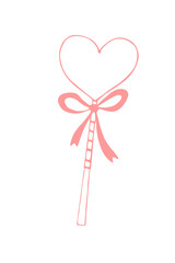 Vector outline heart shape lollipop gingerbread on stick with bow. Hand drawn contour doodle clip art. For Valentine's Day, confectionery decoration, food illustration. Template for creativity