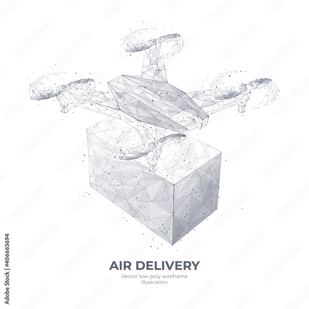 Aufkleber Digital 3d quadcopter and parcel isolated in white. Polygonal wireframe of drone with package. Air delivery service or modern technology concept. Abstract vector sketch drawing with connected dots