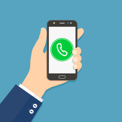 Phone call button on smartphone screen. Hand holding smartphone. Flat design vector illustration.