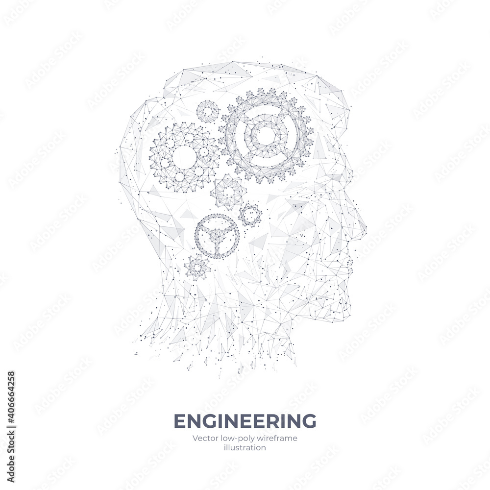 Leinwandbilder 3d gears in head digital low poly hand drawing. Engineering, mechanical technology, a symbol of thinking, or idea concept isolated in white. Abstract vector sketch illustration with lines and dots 