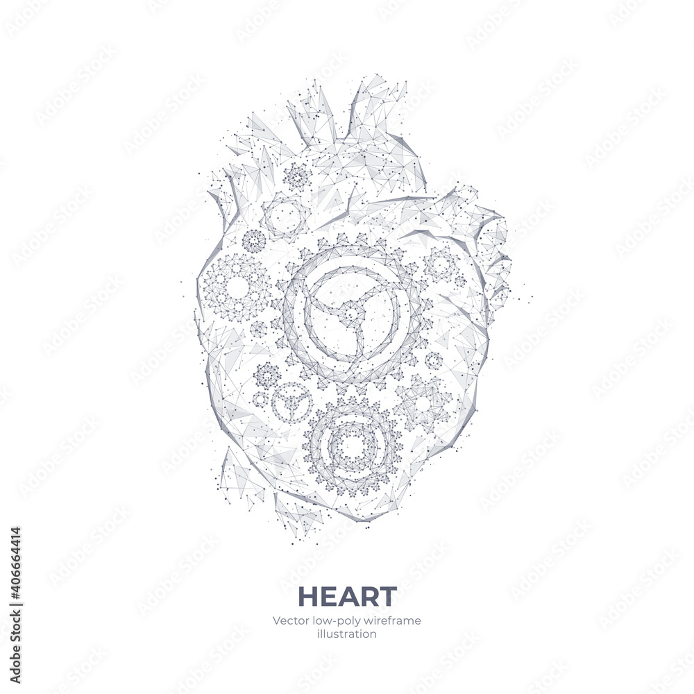 Poster abstract polygonal 3d heart with gears inside. digital human organ, cogs and gear wheel mechanisms i