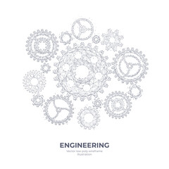 Abstract vector 3d gears isolated in white background. Cogs and gear wheel mechanisms wireframe. Engineering or mechanical technology concept. Digital low poly hand drawing with dots, lines, and shape