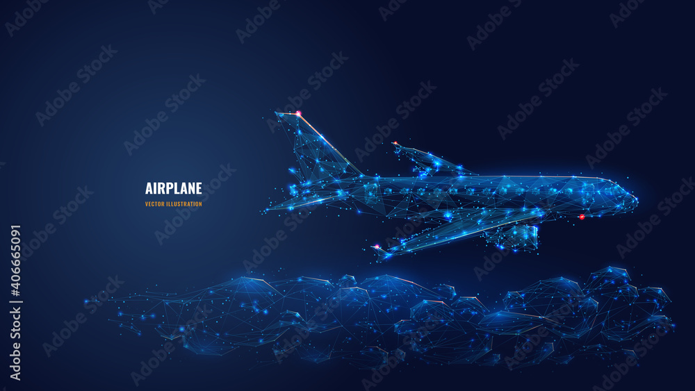 Aufkleber digital 3d airplane flying over clouds. abstract vector wireframe of airliner in the sky. travel, to
