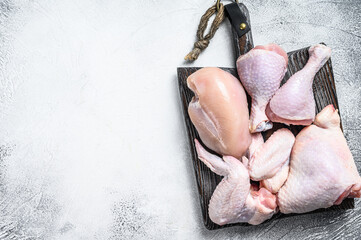 Fresh raw chicken meat, wings, breast, thigh and drumsticks. White background. Top view. Copy space