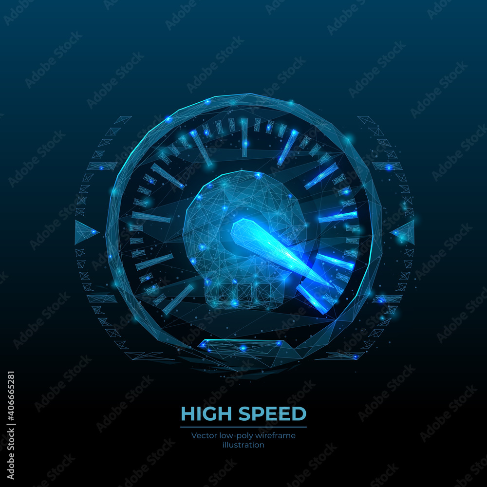 Poster 3d car speedometer in dark blue background. Digital low poly wireframe of high speed concept. Abstract vector mesh image of speed indicator with connected dots, shapes, stars and glowing particles